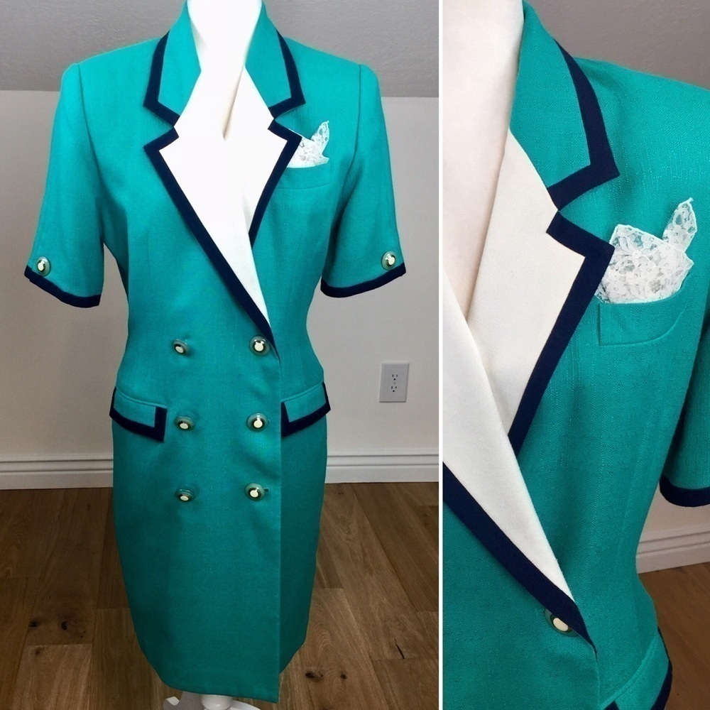 Vintage Turquoise Midi Dress with Navy Trim